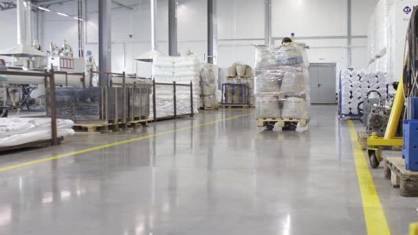 Een arbeider duwt een pallettruck met zakken met producten in een fabriek — Stockvideo