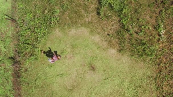 Luftbild eines Bauern, der mit einem Benzinmäher Gras auf Ackerland mäht. Blick von oben nach unten — Stockvideo