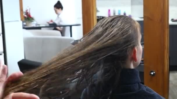 Cabeleireiro mulher mestre aplica cuidadosamente um condicionador especial para o cabelo depois de lavar a cabeça das meninas em um salão de beleza. — Vídeo de Stock