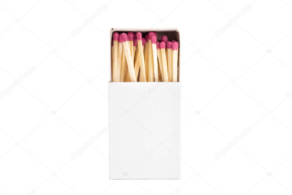 Close-up of an opened matchbox with matchsticks isolated on white background.