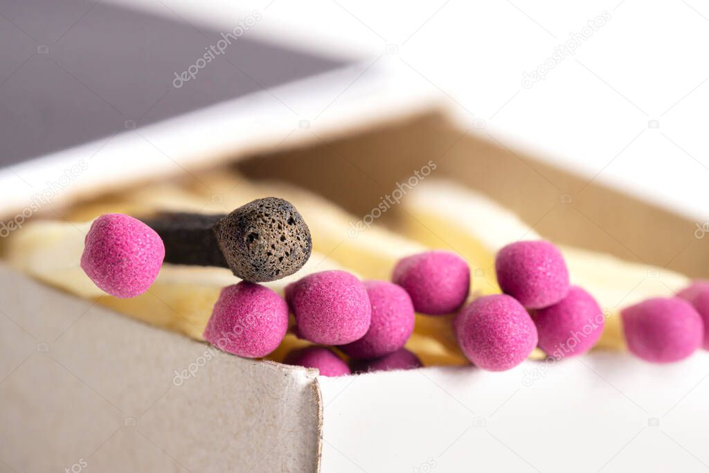 Close-up of matches in a matchbox. One matchstick is used. Selective focus.