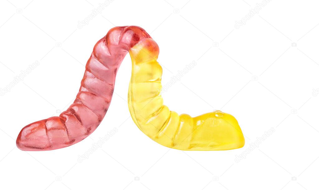 Close-up of a backlit red-yellow gummy worm isolated on white.