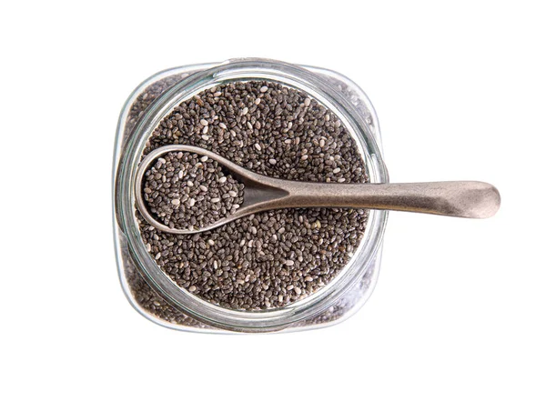 Top View Glass Jar Full Chia Seeds Steel Spoon Top — Stockfoto