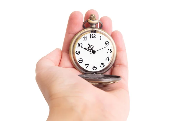 Close Bronze Pocket Watch Hand Isolated White Background — Stock Photo, Image