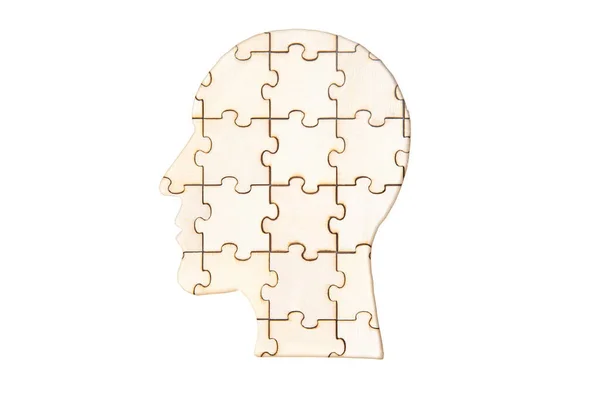 Silhouette Man Head Made Wooden Puzzle Pieces Isolated White — Stock Photo, Image