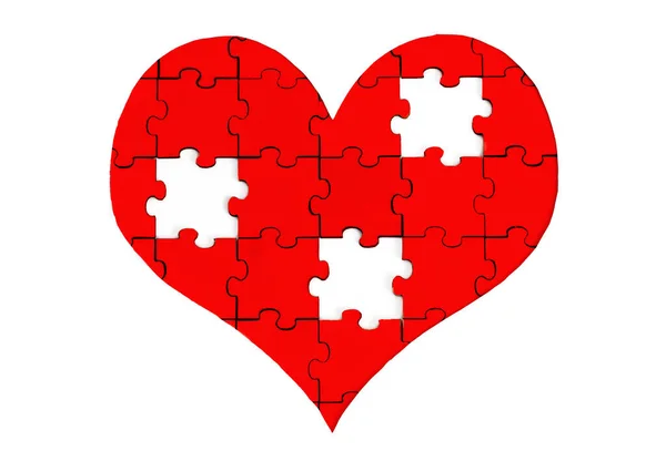 Puzzle Forma Cuore Rosso Con Tre Pezzi Mancanti Isolati Bianco — Foto Stock