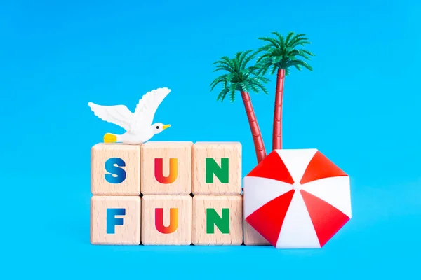 Lettere Sun Fun Realizzate Blocchi Alfabeto Legno Statuetta Gabbiano Palme — Foto Stock