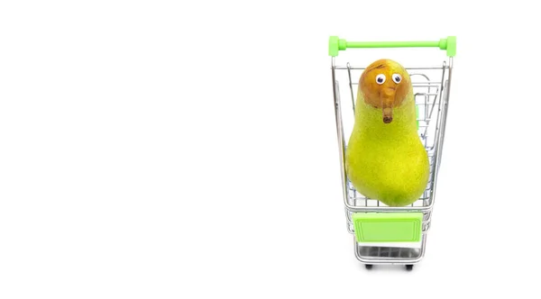 Pequeño Carrito Compras Con Lindo Carácter Fruta Hecha Una Pera — Foto de Stock