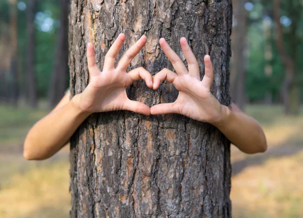 Female hugging a tree and making a heart symbol with hands