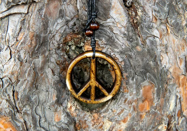Zbliżenie Naszyjnik Znak Pokoju Teksturowanym Tle Kory Drzewa Selektywne Skupienie — Zdjęcie stockowe