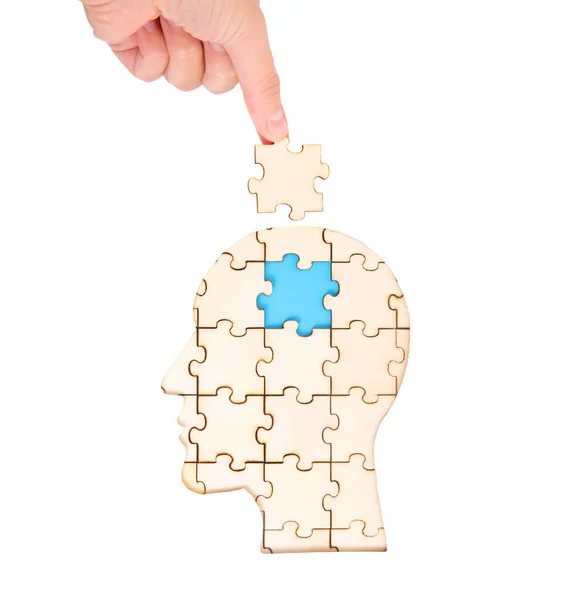 Placing Missing Brain Piece Jigsaw Puzzle Forming Human Head Isolated — Stock Photo, Image