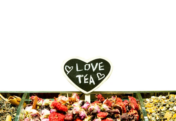 Panneau Love Tea Forme Coeur Sur Comptoir Thé Isolé Sur — Photo