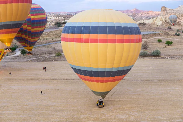 Aerial View Crew Launching Hot Air Balloon Tourists Cappadocia Turkey — Stock Photo, Image