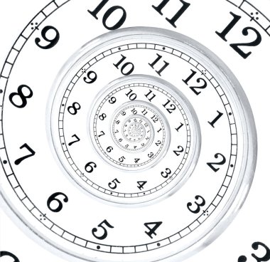 Elleri olmayan çarpık saat suratı sonsuz zaman sarmalını temsil ediyor. Droste etkisi.