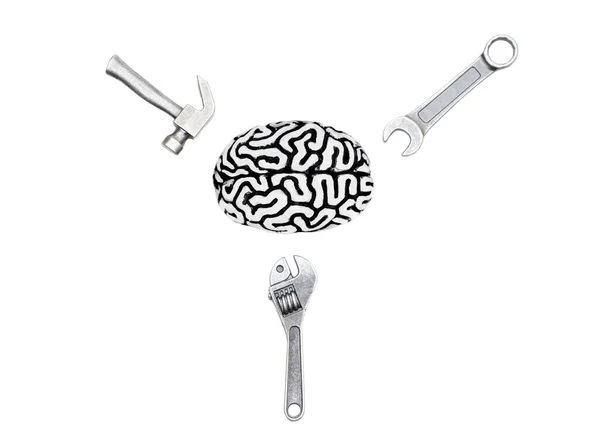Modelo Cérebro Humano Feito Aço Com Kit Ferramentas Manuais Isoladas — Fotografia de Stock