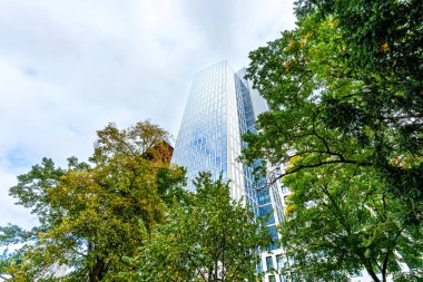 Frankfurt, Germany - October 21, 2025: Modern glass skyscraper rises majestically into a cloudy sky, framed by a vibrant canopy of green and golden trees in autumn.