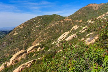 Çeşitli dağlık araziler Chaparral ile kaplı engebeli tepeler parlak mavi gökyüzü altında sayısız açık renkli kumtaşı oluşumlarını gözler önüne seriyor..