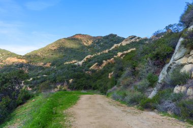Toprak yol, açık mavi gökyüzü altında yoğun yeşil çalı ve kayalık oluşumlarla kaplı, güneşli, yemyeşil yamaçlar boyunca yükselir..