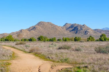 Path winds through sun-baked grasslands and sparse green shrubs, leading to formidable rocky mountains under a clear blue sky, offering tranquil views.