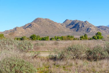 Engebeli, kayalık dağlar, Kaliforniya 'da kurak çalılar, uzak yeşil yapraklar ve berrak mavi gökyüzünün hakim olduğu geniş, kuru bir araziye hakimdir..