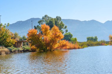 Canlı turuncu ve kırmızı sonbahar yaprakları Perris Gölü 'nün sakin sularını berrak mavi gökyüzünün altındaki uzak puslu dağlarla çevrelemektedir..