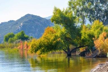 Parlak sonbahar yaprakları Perris Gölü 'nün sakin sularında berrak gökyüzüne ve engebeli dağlara yansıyor..
