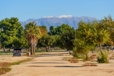 Toprak yol, Perris Gölü 'nde çeşitli ağaçlar ve açık mavi gökyüzünün altındaki uzak karlı dağlarla birlikte esiyor..