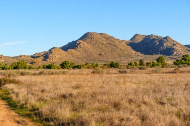 Perris Gölü Eyalet Rekreasyon Bölgesi, açık mavi bir günde açık mavi bir gökyüzünün altında kuru bir altın çim tarlası ve engebeli kayalık dağlarla dağılmış yeşil ağaçlar sergiliyor..