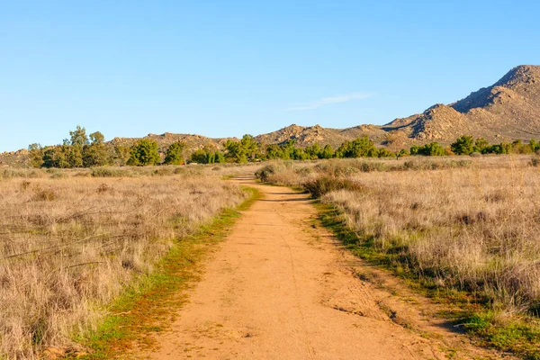 Kuru altın çim tarlalarından yeşil ağaçlara ve engebeli dağlara uzanan sarmal toprak patikalar Perris Gölü dinlenme bölgesinde berrak mavi bir gökyüzü altında.
