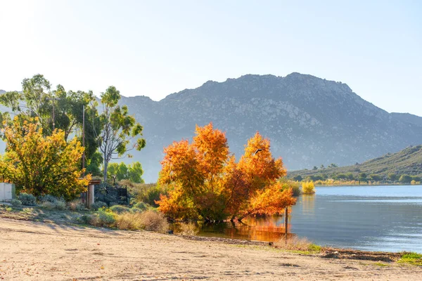 Perris Gölü 'nün sakin sularının yanında canlı bir sonbahar yeşilliği berrak bir gökyüzünün altında görkemli dağlar..