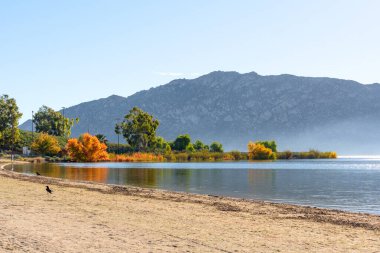 Perris Gölü Eyalet Dinlenme Alanı 'nın sakin kıyı şeridinde parlak bir günde canlı sonbahar ağaçları, iki kuşlu kumlu bir sahil ve açık mavi gökyüzünün altında kayalık dağlar bulunur..