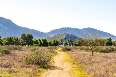 Dolambaçlı toprak yol, kurak bitki örtüsü boyunca uzanır. Yeşil ağaçlar ve uzak mavi dağlara doğru uzanır. Perris Gölü 'nün içindeki doğal güzellikleri gözler önüne serer..