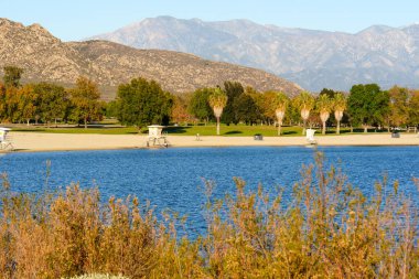 Perris Gölü 'nün geniş bir manzarası berrak bir gökyüzünün altındaki engebeli dağlar, canlı yeşil palmiye yaprakları ve altın çöl bitkileriyle çevrili..