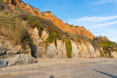 Değişik yeşil ve kuru bitki örtüsüyle dokulu altın kumtaşı kayalıkları, Malibu, El Matador Eyalet Sahili 'ndeki güneşe batmış plaja çarpıcı bir şekilde iniyor..
