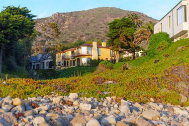 Evler kayalık plajın yukarısında yeşil bir yamaçta, engebeli bir dağ tarafından çerçevelenmiş, berrak gökyüzünün altında, Malibu, California 'da manzaralı bir kıyı resmedilmiş..