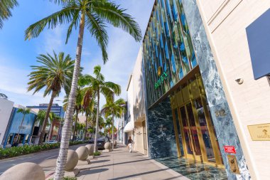 Beverly Hills, California - 21 Ocak 2026 Rolex mağazasının yeşil mermer cephesi ve gökyüzüne uzanan yüksek palmiye ağaçlarının yer aldığı ikonik Rodeo Drive kaldırımının geniş açılı görüntüsü.