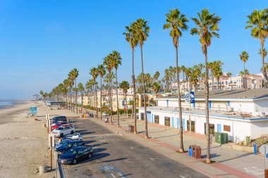 Okyanus Kenarı, Kaliforniya - 17 Aralık 2025: Okyanus kıyısında hareketli bir gezinti, palmiye ağaçları, cankurtaran kulesi ve canlı binalarla dolu, hepsi plajın yanında..