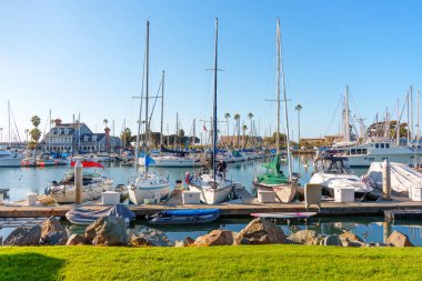 Okyanus Kenarı, Kaliforniya - 28 Aralık 2025 Oceanside Limanı 'nın sakin manzarası, çeşitli yat ve yelkenli koleksiyonu ile dolu, berrak, mavi bir gökyüzü altında yavaşça kenetlendi..