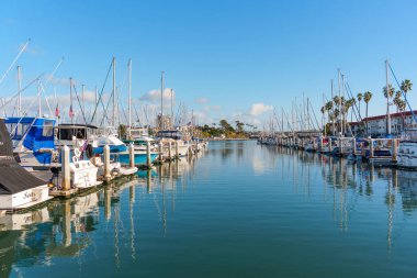 Okyanus Kenarı, Kaliforniya - 28 Aralık 2025 Oceanside Marina 'da çok sayıda tekne ve yatla çevrili Picturesque kanalı, direkleri ve gövdeleri sakin suları yansıtıyor..