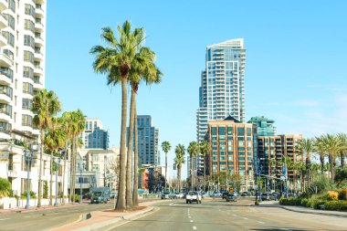 San Diego, California - 30 Aralık 2025: Yüksek konut binaları ve tropikal palmiye ağaçları San Diego, California şehir merkezinde berrak, güneşli bir gökyüzünün altında temiz bir cadde oluşturuyorlar..