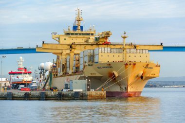 San Diego, California - 30 Aralık 2025: San Diego limanındaki Dole Karayip kargo gemisine yakın çekim, konteynırlar görünür ve arka planda Coronado Köprüsü.