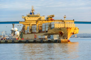 San Diego, California - 30 Aralık 2025 Dole Karayip kargo gemisi, konteynırlarla dolu, üzerinde etkileyici Coronado Köprüsü olan San Diego limanında dinleniyor..