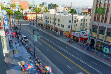 Los Angeles, Kaliforniya - 29 Ocak 2026: İkonik Hollywood Şöhret Yolu güneşli bir günde palmiye ağaçları ve ticari mağazalarla Los Angeles kaldırımı boyunca uzanır.