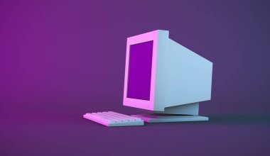 3D görüntüleme, klasik bilgisayar, yan görünümde monitör ve klavye görüntüsü, boş ekran görüntüsü, mor ve gölge koyu arkaplan.