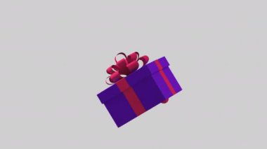 3D Mor Noel hediye kutusu, renkli balo ve altın yıldızların döküldüğü dönüşümlü açılış, yeni yıl ve Noel dekorasyonu tebrik kartı tasarımı, kış tatili konsepti, izole edilmiş gri arka plan.