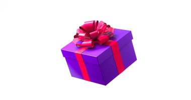 3D görüntüleme, kapalı mor hediye kutusunu kapatın pembe kurdeleli, yan görüntü, Noel veya yeni yıl tebrik kartı dekorasyonu konsepti, beyaz arka planda izole edilmiş.