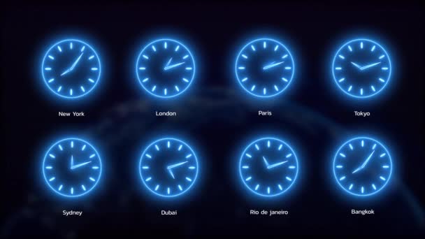Relógio Fuso Horário Neon Digital World Que Gira Animação Com — Vídeo de Stock