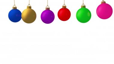En üstteki çerçevede asılı renkli Noel topları süsü. Kopyanız ve tasarımınız için boş alan, Noel dekorasyonu 3 boyutlu döngü animasyon görüntüsü, beyaz arkaplanda izole edilmiş..