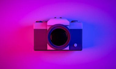 3D Renderleme, gerçekçi üst görünümde vintage kamera, neon mavi mor renk ışıklandırma ve arkaplan.