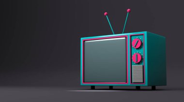3D rendering, Realistic mock up of colorful retro cartoon television with empty space, close up on side view shot, darkness room background. clipart
